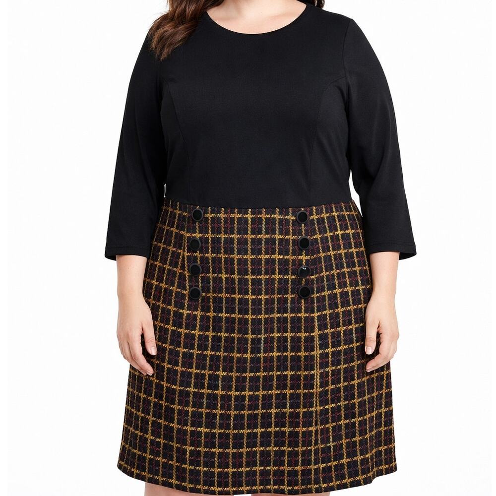 Anthropologie Hutch NWOT Black Multi Preppy Plaid Twofer Jersey Knit Dress 1X